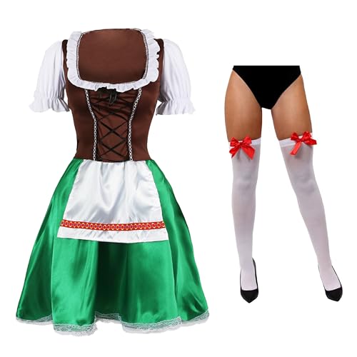 Damen Oktoberfest Bayerisches Biermädchen Kostüm - Klein - Grünes Dirndl Kleid mit Schürze & Weiße Oberschenkelhohe Strümpfe mit roten Schleifen Damen Oktoberfest Bayerisches Biermädchen Kostüm - Klein - Grünes Dirndl Kleid mit Schürze & Weiße Oberschenkelhohe Strümpfe mit roten Schleifen von I LOVE FANCY DRESS