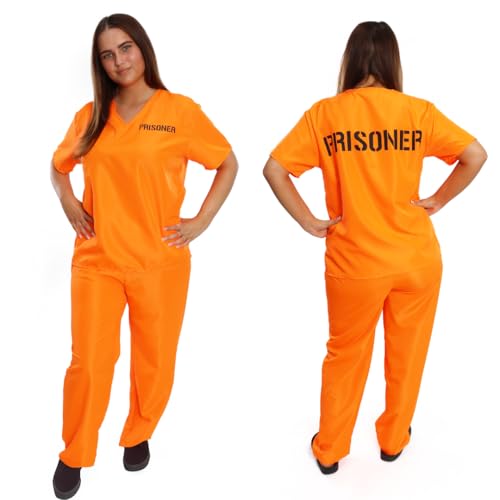 Damen Orange Sträfling Gefangenen Kostüm - Groß - Orange Oberteil & Hose mit Text "Gefangene" - Sträfling Gefangenen Polizisten und Räuber Verkleidung von I LOVE FANCY DRESS
