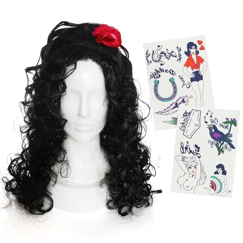 Damen-Sänger-Zubehör-Set der 00er-Jahre, schwarze Bienenstock-Perücke und sortierte Hipster-Tattoo-Blätter – Erwachsenen-Noughties Musik-Ikonen-Kostüm-Zubehör-Set Damen-Sänger-Zubehör-Set der 00er-Jahre, schwarze Bienenstock-Perücke und sortierte Hipster-Tattoo-Blätter – Erwachsenen-Noughties Musik-Ikonen-Kostüm-Zubehör-Set von I LOVE FANCY DRESS