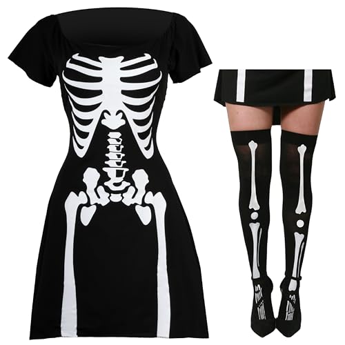 Damen-Skelett-Kostüm plus Strümpfe für Halloween mit Skelettbedruckung in der Größe S-XL Damen-Skelett-Kostüm plus Strümpfe für Halloween mit Skelettbedruckung in der Größe S-XL von I LOVE FANCY DRESS