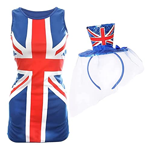 Damen Union Jack-Kleid und Mini-Fascinator-Hut, Größe XXL, blaues Kleid mit Union-Jack-Flaggen-Design und Mini-Union-Jack-Hut mit Fascinator, Königskrönungsstraßenparty, Kostüm Damen Union Jack-Kleid und Mini-Fascinator-Hut, Größe XXL, blaues Kleid mit Union-Jack-Flaggen-Design und Mini-Union-Jack-Hut mit Fascinator, Königskrönungsstraßenparty, Kostüm von I LOVE FANCY DRESS