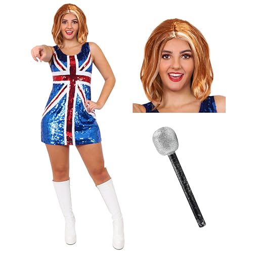 Damenkleid mit Union Jack, Größe XXXL, Rot, Weiß und Blau, Pailletten-Flagge, Ingwer-Perücke und Mikrofon, 90er-Jahre-Musik-Ikonen Britpop-Kostüm Damenkleid mit Union Jack, Größe XXXL, Rot, Weiß und Blau, Pailletten-Flagge, Ingwer-Perücke und Mikrofon, 90er-Jahre-Musik-Ikonen Britpop-Kostüm von I LOVE FANCY DRESS