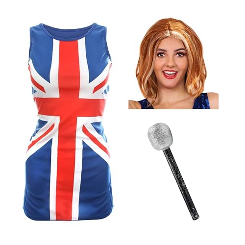 Damenkleid mit Union Jack, Größe XXXL, Rot, Weiß und Blau, Union-Jack-Flagge, Ingwer-Perücke und Mikrofon, 90er-Jahre-Musik-Ikonen Britpop-Kostüm Damenkleid mit Union Jack, Größe XXXL, Rot, Weiß und Blau, Union-Jack-Flagge, Ingwer-Perücke und Mikrofon, 90er-Jahre-Musik-Ikonen Britpop-Kostüm von I LOVE FANCY DRESS