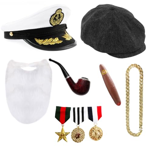 Deluxe British Comedy Duo Kostüm Zubehör Set - Schiebermütze, Kapitänsmütze, Bart, Pfeife, Zigarre, Goldkette & Medaillen - Klassisches TV-inspiriertes Kostüm-Set von I LOVE FANCY DRESS