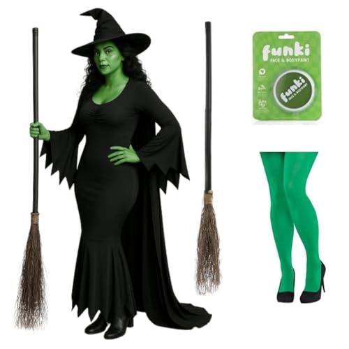 Deluxe Grünes Hexenkostüm-Set – XXL – inklusive schwarzem Kleid, grüner Gesichtsfarbe, Strumpfhose und Besenstiel – Halloween-Kostüm-Outfit Deluxe Grünes Hexenkostüm-Set – XXL – inklusive schwarzem Kleid, grüner Gesichtsfarbe, Strumpfhose und Besenstiel – Halloween-Kostüm-Outfit von I LOVE FANCY DRESS