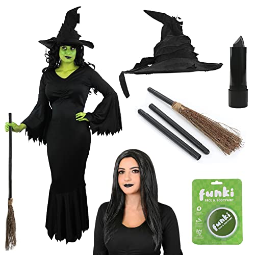 Deluxe Hexenkostüm für Damen, Größe XS, perfekt für Halloween-Kostüm, Set enthält Kleid, Hut, Gesichtsfarbe + Besen + Perücke + Lippenstift Deluxe Hexenkostüm für Damen, Größe XS, perfekt für Halloween-Kostüm, Set enthält Kleid, Hut, Gesichtsfarbe + Besen + Perücke + Lippenstift von I LOVE FANCY DRESS