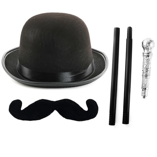 Detektiv-Zubehör-Set für Erwachsene, 1930er-Jahre, 60 cm, schwarzer Bowler-Hut, Lenker-Schnurrbart und silberfarbener Stock – Herren 30er-Jahre-Kostüm, Mystery-Charakter, Weltbuchtag Detektiv-Zubehör-Set für Erwachsene, 1930er-Jahre, 60 cm, schwarzer Bowler-Hut, Lenker-Schnurrbart und silberfarbener Stock – Herren 30er-Jahre-Kostüm, Mystery-Charakter, Weltbuchtag von I LOVE FANCY DRESS