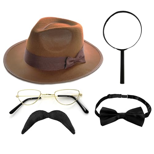 Detektiv-Zubehör-Set für Erwachsene, brauner Fedora-Hut, Lupe, Halbmond-Brille, Fliege und Schnurrbart, Erwachsenen-Ermittler, Kostümzubehör-Set Detektiv-Zubehör-Set für Erwachsene, brauner Fedora-Hut, Lupe, Halbmond-Brille, Fliege und Schnurrbart, Erwachsenen-Ermittler, Kostümzubehör-Set von I LOVE FANCY DRESS