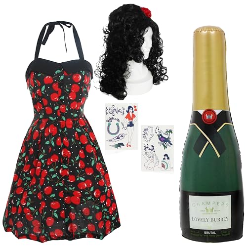 Diva Kostüm-Set – Large/Xlarge – Kirsche Neckholder-Kleid Lockige Perücke Aufblasbare Champagnerflasche Temporäre Tattoos 2000er Jahre Kostüm für Junggesellinnenabschied Party von I LOVE FANCY DRESS