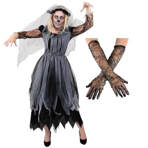 Dunkles Geisterbraut-Kostüm für Damen, groß, schwarzes zerfetztes Kleid, Schleier und schwarze Spinnennetz-Handschuhe, für Erwachsene, Damen, gruseliges Halloween-Kostüm Dunkles Geisterbraut-Kostüm für Damen, groß, schwarzes zerfetztes Kleid, Schleier und schwarze Spinnennetz-Handschuhe, für Erwachsene, Damen, gruseliges Halloween-Kostüm von I LOVE FANCY DRESS