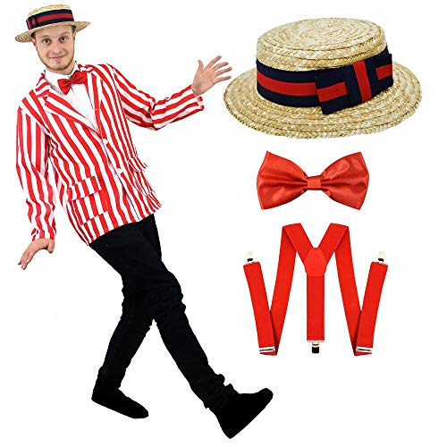Edwardianisches Friseursalon-Kostüm für Erwachsene für den Weltbuchtag/Buchwoche, 1920er-Jahre, Rot & Weiß gestreift, Blazer + Strohhut + rote Fliege + rote Hosenträger (Klein) von I LOVE FANCY DRESS