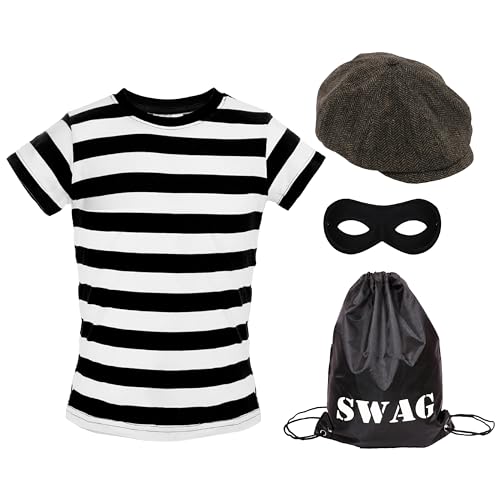 I LOVE FANCY DRESS Einbrecher-Kostüm für Kinder, schwarzes und weißes Oberteil, schwarze Augenmaske, graue flache Kappe und schwarze Tasche mit Kordelzug auf der Vorderseite, perfekt für den Welttag von I LOVE FANCY DRESS
