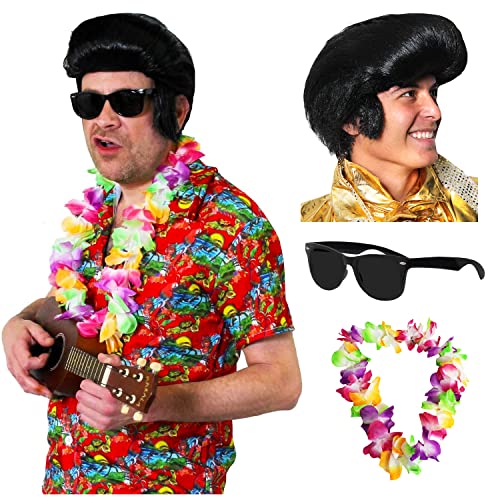 Elvis Hawaii Kostüm XL - Rotes Aloha Shirt, schwarze Quiff Perücke, mehrfarbige Lei und Sonnenbrille - Rock and Roll King Hawaiian TV und Film Verkleidung Kostüm Elvis Hawaii Kostüm XL - Rotes Aloha Shirt, schwarze Quiff Perücke, mehrfarbige Lei und Sonnenbrille - Rock and Roll King Hawaiian TV und Film Verkleidung Kostüm von I LOVE FANCY DRESS