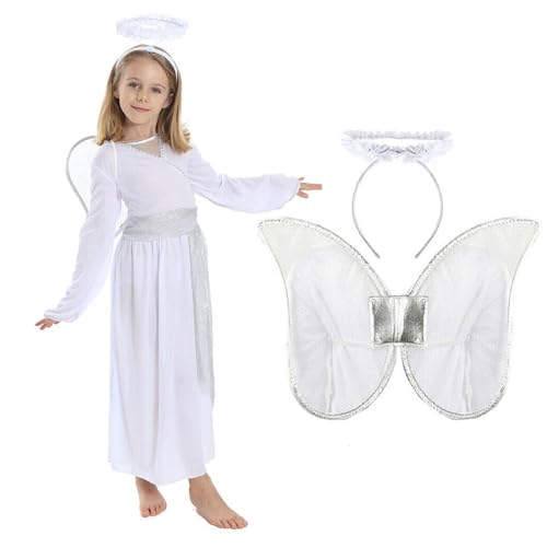 Engelskostüm für Kinder - Größe L - weißes Engelskleid mit silbernen Details + silbernes Stirnband - Engelskostüm für Mädchen - Weihnachtskrippe Kostüm Engelskostüm für Kinder - Größe L - weißes Engelskleid mit silbernen Details + silbernes Stirnband - Engelskostüm für Mädchen - Weihnachtskrippe Kostüm von I LOVE FANCY DRESS