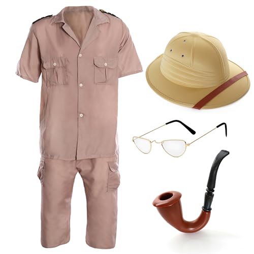 Entdecker-Set für Erwachsene, beige, Safari-Uniform, Safari-Pith-Helm, Halbmond-Brille, künstliche Pfeife, Kostüm für Herren und Damen Entdecker-Set für Erwachsene, beige, Safari-Uniform, Safari-Pith-Helm, Halbmond-Brille, künstliche Pfeife, Kostüm für Herren und Damen von I LOVE FANCY DRESS