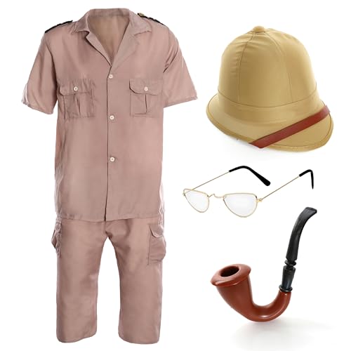 Entdecker-Set für Erwachsene, beige, Safari-Uniform, Safari-Pith-Helm, Halbmond-Brille, künstliche Pfeife, Kostüm für Herren und Damen Entdecker-Set für Erwachsene, beige, Safari-Uniform, Safari-Pith-Helm, Halbmond-Brille, künstliche Pfeife, Kostüm für Herren und Damen von I LOVE FANCY DRESS