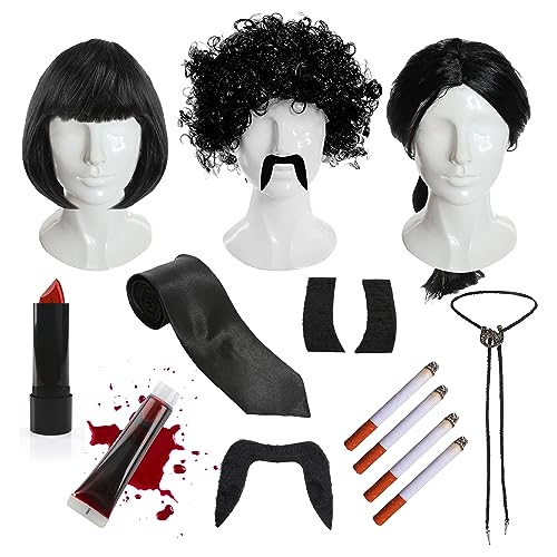 Erwachsene 90er Jahre Kriminalfilm-Trio-Zubehör-Set - Schwarze Afro-Perücke, x2 schwarze Krawatte, schwarze Koteletten, schwarzer Schnurrbart, schwarze Perücke, 2 Packungen mit 2 gefälschten von I LOVE FANCY DRESS