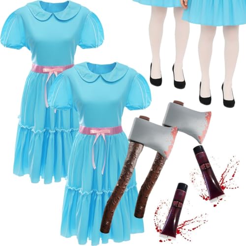 Erwachsene Duo Haunted Twin Kostüm - gruseliges blaues Kleid, Strumpfhose, blutige Axt und Gesichtsbemalung - Horror-Outfit für Halloween, Faschingspartys, Spukhaus-Events, gruselige Paar- oder Erwachsene Duo Haunted Twin Kostüm - gruseliges blaues Kleid, Strumpfhose, blutige Axt und Gesichtsbemalung - Horror-Outfit für Halloween, Faschingspartys, Spukhaus-Events, gruselige Paar- oder von I LOVE FANCY DRESS