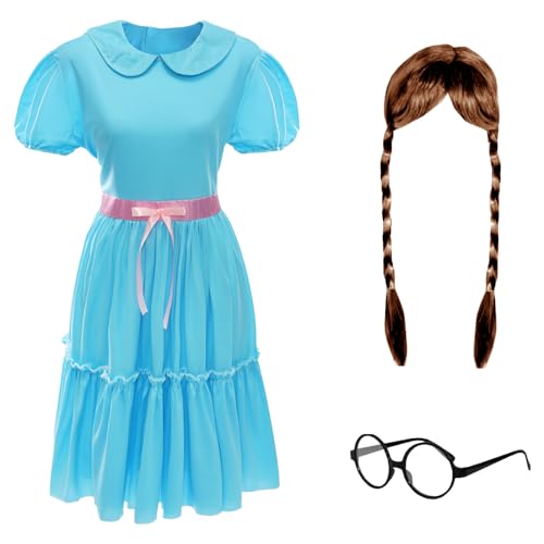 Erwachsene Geeky Schulmädchen Kostüm - Braune Zopfperücke, Geek Kreisbrille & Blaues Kleid | Retro Nerd Verkleidung Outfit für Halloween Cosplay & 90er Jahre Cartoon Mottoparty von I LOVE FANCY DRESS