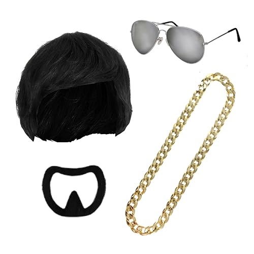 Erwachsene Ibiza Final Boss Kostüm Zubehör Set - Bowl Cut Perücke, Ziegenbart Stick On, Gold Kette & Brille - Lustiges Faschingskostüm-Kit für Festivals & Partys von I LOVE FANCY DRESS