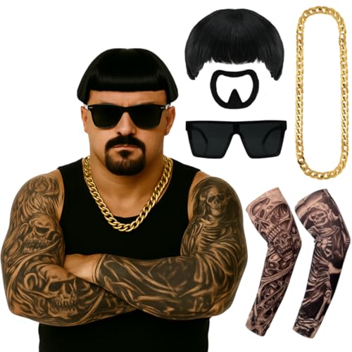 Erwachsene Ibiza Final Boss Kostüm Zubehör Set - Bowl Cut Perücke, Ziegenbart Stick On, 2 Tattoo-Ärmel, Goldkette mit schwarzer übergroßer Brille - Lustiges Faschingskostüm-Set von I LOVE FANCY DRESS