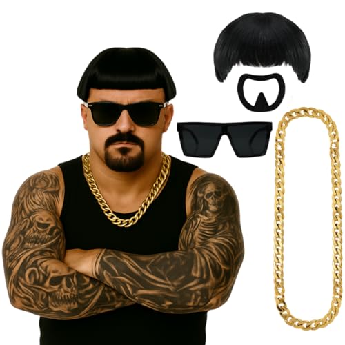 Erwachsene Ibiza Final Boss Kostüm Zubehör Set - Bowl Cut Perücke, Ziegenbart Stick On, Goldkette mit schwarzer übergroßer Brille - Lustiges Faschingskostüm Kit für Festivals & Partys Erwachsene Ibiza Final Boss Kostüm Zubehör Set - Bowl Cut Perücke, Ziegenbart Stick On, Goldkette mit schwarzer übergroßer Brille - Lustiges Faschingskostüm Kit für Festivals & Partys von I LOVE FANCY DRESS