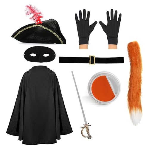 Erwachsene Katze Bandit Kostüm Schwarzer Tricornhut, schwarzer Umhang, schwarze Augenmaske, falsches Schwert, orangefarbener Katzenschwanz, schwarze Handschuhe und orange-weiße Gesichtsfarbe von I LOVE FANCY DRESS
