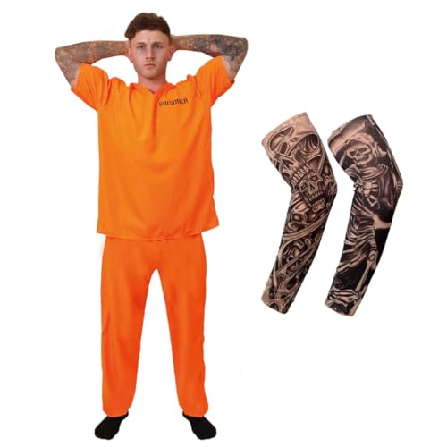 Erwachsene Orange Gefangenen Kostüm Set mit 2x Fake Tattoo Ärmel - Insasse Fasching Overall für Halloween Junggesellenabschied Cosplay & Mottoparty - Klein von I LOVE FANCY DRESS