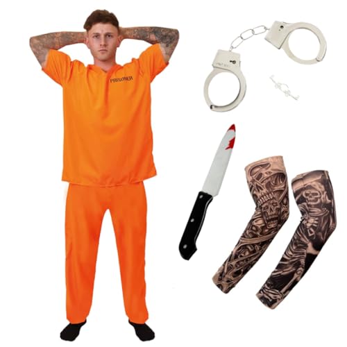 Erwachsene Orange Gefangenen Kostüm Set mit 2x Fake Tattoo Ärmel Messer Prop Handschellen - Insasse Fasching Overall für Halloween Junggesellenabschied Cosplay Mottoparty - XXL Erwachsene Orange Gefangenen Kostüm Set mit 2x Fake Tattoo Ärmel Messer Prop Handschellen - Insasse Fasching Overall für Halloween Junggesellenabschied Cosplay Mottoparty - XXL von I LOVE FANCY DRESS