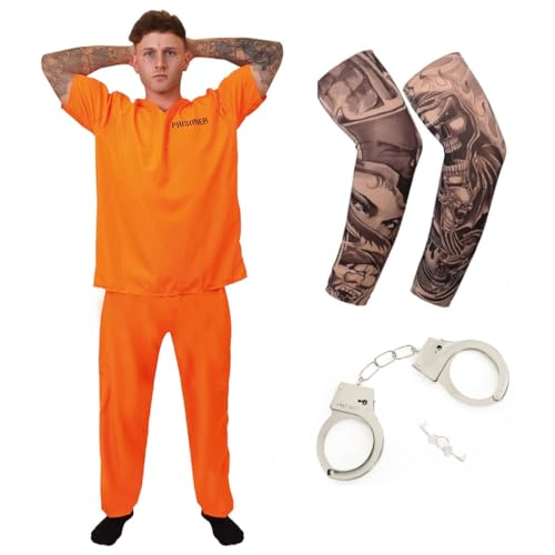 Erwachsene Orange Gefangenen Kostüm Set mit 2x Fake Tattoo Ärmel & Handschellen - Insasse Fasching Overall für Halloween Junggesellenabschied Cosplay Mottoparty von I LOVE FANCY DRESS