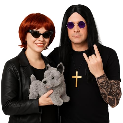 Erwachsene Osbourne Paar Zubehör Set - Lange Schwarze Perücke, Lila Brille, Gold Kreuz, Rote Perücke, Katzenaugenbrille, Spielzeug Hund & Tattoo Ärmel - Erwachsene Musik TV/Film Celebrity Kostüm von I LOVE FANCY DRESS