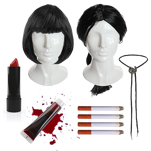 Erwachsene Paare Vincent und Mia Zubehör Set - Lange Schwarze Perücke, Bootlace Krawatte, Schwarze Bob Perücke, Roter Lippenstift, Fake Blood, 4 Fake Zigaretten - Herren Damen Paare TV Film Fasching Erwachsene Paare Vincent und Mia Zubehör Set - Lange Schwarze Perücke, Bootlace Krawatte, Schwarze Bob Perücke, Roter Lippenstift, Fake Blood, 4 Fake Zigaretten - Herren Damen Paare TV Film Fasching von I LOVE FANCY DRESS