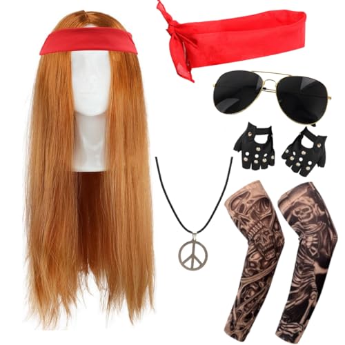 Erwachsene Rock Star Axl Kostüm Zubehör Set - Lange Ingwer Perücke mit Bandana, Flieger Sonnenbrille, Nietenhandschuhe, Tattoo-Ärmel & Peace Halskette für Fasching, Cosplay & Halloween von I LOVE FANCY DRESS