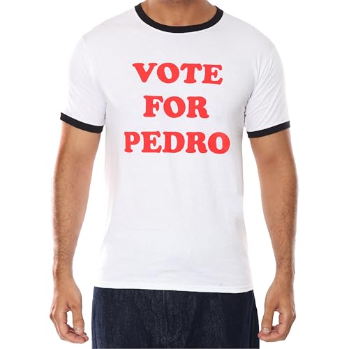 Erwachsenen-T-Shirt "Vote Pedro", Größe M, weißes T-Shirt mit schwarzem Kragen und Manschette und rotem "Vote Pedro"-Text, lustiges Film-Zitat, Grafik-T-Shirt, Film-Kostüm Erwachsenen-T-Shirt "Vote Pedro", Größe M, weißes T-Shirt mit schwarzem Kragen und Manschette und rotem "Vote Pedro"-Text, lustiges Film-Zitat, Grafik-T-Shirt, Film-Kostüm von I LOVE FANCY DRESS