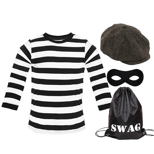 Erwachsenenkostüm Einbrecher – XX-Large – langärmeliges schwarz-weiß gestreiftes T-Shirt, flache Kappe, schwarze Augenmaske und Swag-Tasche – Herren Damen Weltbuchtag Kostüm von I LOVE FANCY DRESS