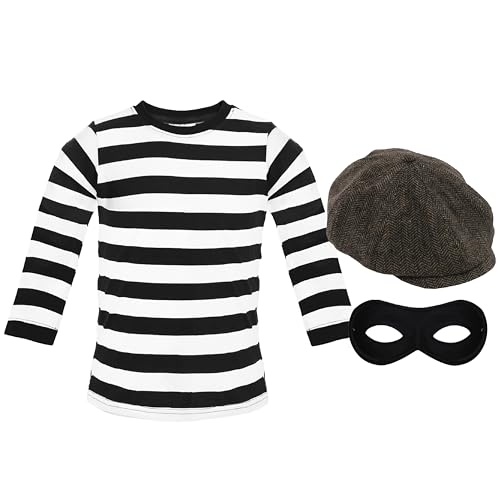 Erwachsenenkostüm Einbrecher – XXX-Large – langärmeliges schwarz-weiß gestreiftes T-Shirt, flache Kappe, schwarze Augenmaske – Herren Damen Weltbuchtag Kostüm von I LOVE FANCY DRESS
