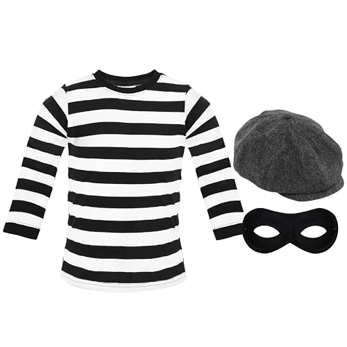 Erwachsenenkostüm Einbrecher – XXX-Large – langärmeliges schwarz-weiß gestreiftes T-Shirt, schwarze Augenmaske, flache Kappe – Herren Damen Weltbuchtag Kostüm von I LOVE FANCY DRESS