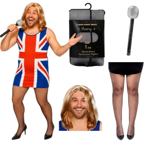 Erwachsenenkostüm Hirschgewürz für Jungen, Union-Jack-Kleid mit passender Perücke, Spielzeug-Mikrofon und Strumpfhose, lustiges 90er-Jahre-Kostüm, für Junggesellenabschiede, Größe XXL von I LOVE FANCY DRESS