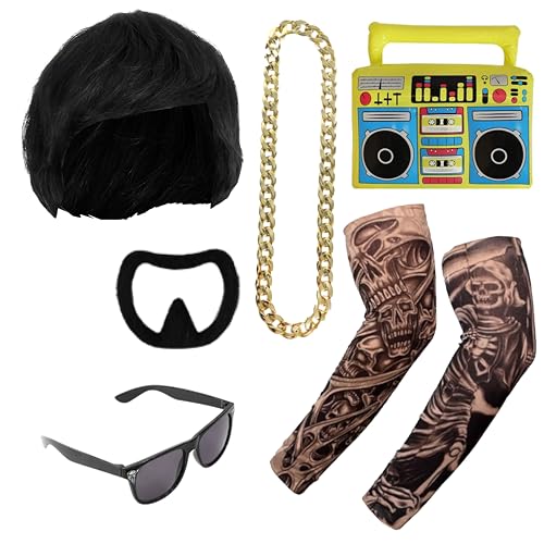 Erwachsenenkostüm Ibiza Final Boss Kostüm Set mit Schalenschnitt Perücke Fake Tattoo Ärmel Gold Kette Shades Aufblasbare Boom Box und Stick On Goatee - Lustiges Junggesellenabschied Festival von I LOVE FANCY DRESS