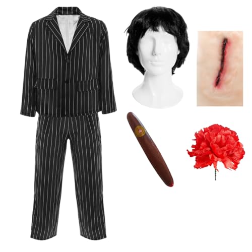 Erwachsenenkostüm Mafia-Boss-Kostüm, Halloween-Outfit mit Nadelstreifen-Anzug, schwarze Perücke, Zigarren-Rose und Schlitz-Narben-Zubehör, Gangster-Kostüm, Verkleidung von I LOVE FANCY DRESS