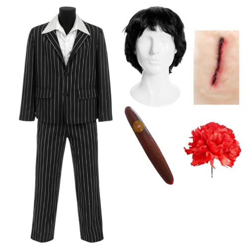 Erwachsenenkostüm Mafia-Boss-Kostüm, Halloween-Outfit mit Nadelstreifen-Anzug, weiße Rüschen, Hemd, Perücke, Zigarren-Rose und Schlitz-Narben-Zubehör, Gangster-Kostüm, Verkleidung von I LOVE FANCY DRESS