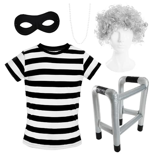 Erwachsenenkostüm Oma Einbrecher – XXX-Large – schwarz-weiß gestreiftes T-Shirt, schwarze Augenmaske, graue Dutt-Perücke, Perlenkette, aufblasbarer Gehrahmen – Damen-Kostüm zum Weltbuchtag Erwachsenenkostüm Oma Einbrecher – XXX-Large – schwarz-weiß gestreiftes T-Shirt, schwarze Augenmaske, graue Dutt-Perücke, Perlenkette, aufblasbarer Gehrahmen – Damen-Kostüm zum Weltbuchtag von I LOVE FANCY DRESS
