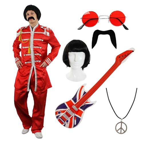Erwachsenenkostüm Red Sergeant Pepper – Größe XL – rote Jacke und Hose, Brille, Schnurrbart, schwarze 1960er-Jahre-Perücke, Hippie-Anhänger-Halskette und aufblasbare Gitarre, perfekt für 1960er und Erwachsenenkostüm Red Sergeant Pepper – Größe XL – rote Jacke und Hose, Brille, Schnurrbart, schwarze 1960er-Jahre-Perücke, Hippie-Anhänger-Halskette und aufblasbare Gitarre, perfekt für 1960er und von I LOVE FANCY DRESS