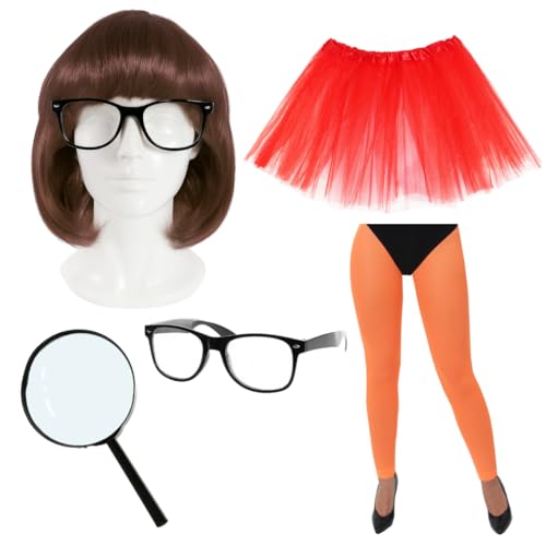 Erwachsenenkostüm-Set mit rotem Rock Tutu, brauner Bob-Perücke, Geek-Brille, Lupe und orangefarbener Strumpfhose, klassisches Cartoon-Detektiv-Kostüm, Outfit für Halloween und Partys Erwachsenenkostüm-Set mit rotem Rock Tutu, brauner Bob-Perücke, Geek-Brille, Lupe und orangefarbener Strumpfhose, klassisches Cartoon-Detektiv-Kostüm, Outfit für Halloween und Partys von I LOVE FANCY DRESS