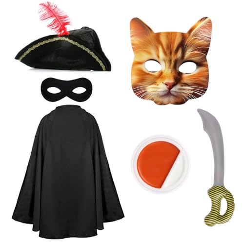 Erwachsenenkostüm für Katzen, Banditen-Kostüm, schwarzer Umhang, Dreihornhut, Katzenmaske, Augenmaske, aufblasbares Schwert, orangefarbene und weiße Gesichtsfarbe, Kinderkostüm für Herren und Damen Erwachsenenkostüm für Katzen, Banditen-Kostüm, schwarzer Umhang, Dreihornhut, Katzenmaske, Augenmaske, aufblasbares Schwert, orangefarbene und weiße Gesichtsfarbe, Kinderkostüm für Herren und Damen von I LOVE FANCY DRESS
