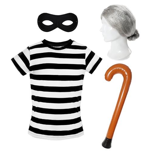 Erwachsenenkostüm für Oma Einbrecher – Größe S – schwarz-weiß gestreiftes T-Shirt, schwarze Augenmaske, aufblasbarer Gehstock, graue Oma-Dutt-Perücke – Damen-Kostüm zum Weltbuchtag von I LOVE FANCY DRESS