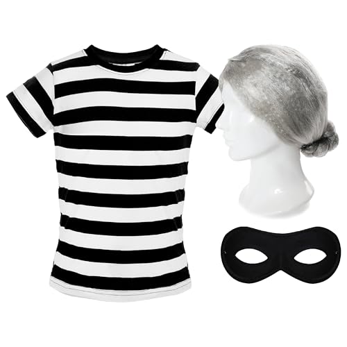 Erwachsenenkostüm für Oma Einbrecher – Größe XXL – schwarz-weiß gestreiftes T-Shirt, schwarze Augenmaske und graue Oma-Dutt-Perücke – Erwachsenenkostüm zum Welttag des Buches von I LOVE FANCY DRESS