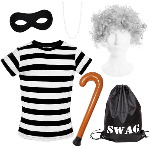 Erwachsenenkostüm für Oma Einbrecher – XXX-Large – schwarz-weiß gestreiftes T-Shirt, schwarze Augenmaske, graue Dutt-Perücke, Perlenkette, Swag-Tasche, aufblasbarer Gehstock – Damen-Kostüm zum von I LOVE FANCY DRESS