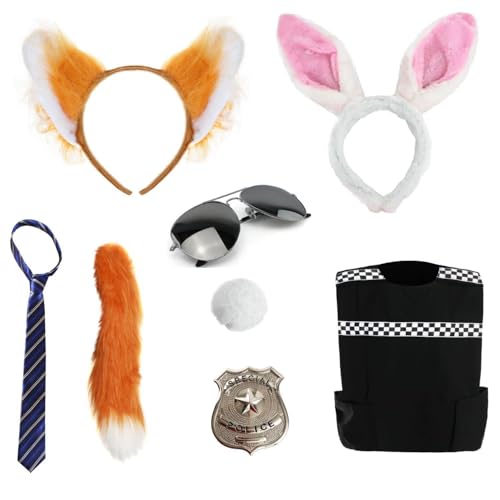 Erwachsenenkostüm für Paare, Tierstadt, Standard, Polizeiweste, Polizeiabzeichen, Hasenohren und Schwanz, Fuchsohren und Schwanz, blau-beige gestreifte Krawatte – Erwachsenen-TV-Film-Kostüm-Set Erwachsenenkostüm für Paare, Tierstadt, Standard, Polizeiweste, Polizeiabzeichen, Hasenohren und Schwanz, Fuchsohren und Schwanz, blau-beige gestreifte Krawatte – Erwachsenen-TV-Film-Kostüm-Set von I LOVE FANCY DRESS
