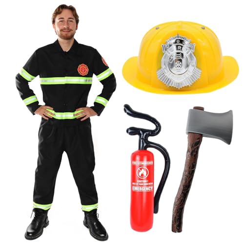 Feuerwehrmann-Kostüm für Erwachsene, aufblasbarer Feuerlöscher, 70 cm, Helm, 40 cm, Axt und Feuerwehrmann-Uniform mit reflektierenden Details für Fasching, lustiges Junggesellenabschied, Halloween von I LOVE FANCY DRESS